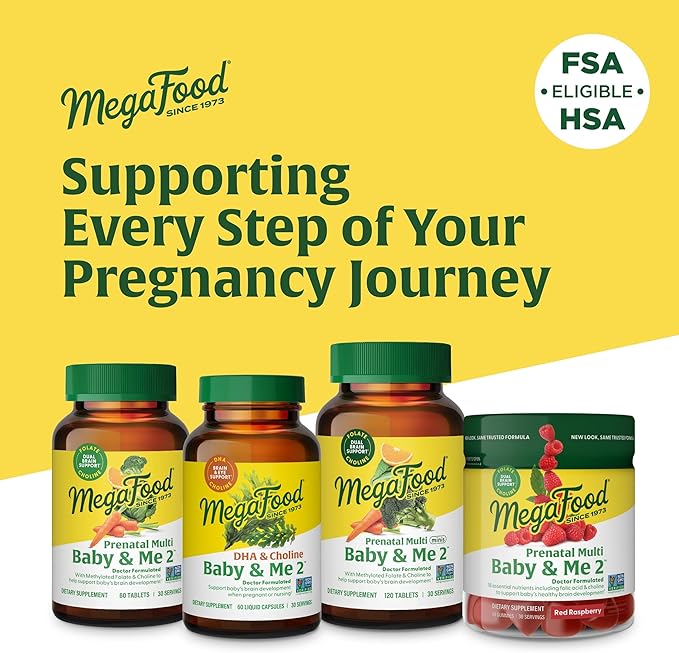 MegaFood Baby & Me 2 Prenatal Vitamins for Women Gummies with Folic Acid and Choline for Baby’s Brain Development; Plus Real Fruit- Red Raspberry Flavor - 60 Gummies (30 Servings)
