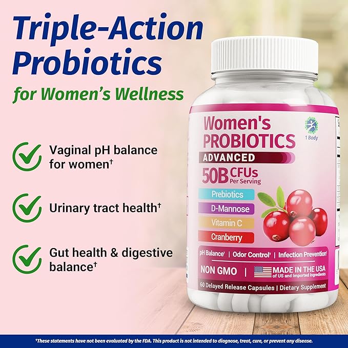 1 Body Probiotics for Women with 50 Billion CFU, Vaginal Probiotics with Prebiotics, Cranberry, D-Mannose & Vitamin C, Vaginal Pills for Microbiome Balance, Digestive & Immune Support, 60 Capsules
