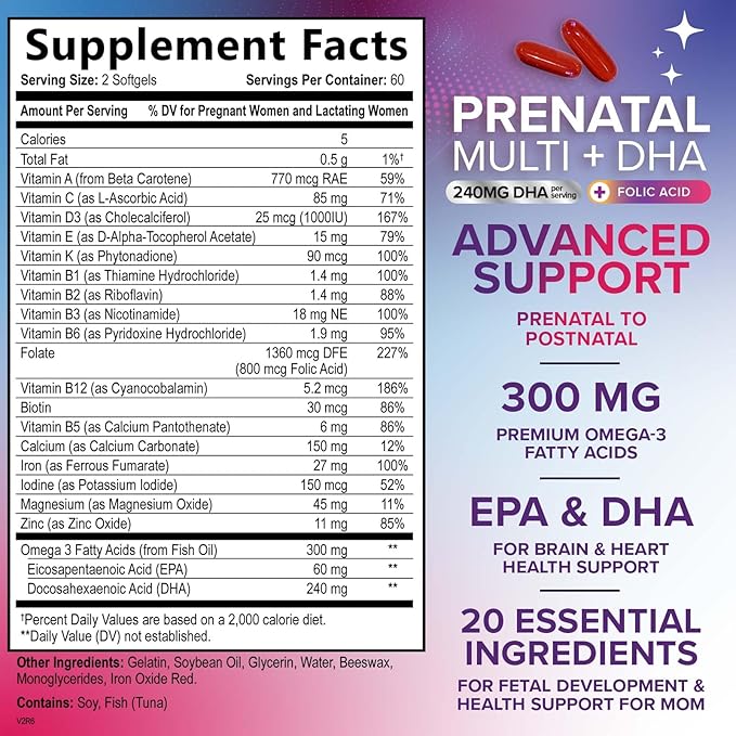 Prenatal Vitamins with Folic Acid & DHA, Fetal Brain Development Support with Folate & Omega 3's, Prenatal Multivitamin for Women, Vitamin A, C, D, B6, B12 & Iron, Pregnancy Supplement - 120 Softgels