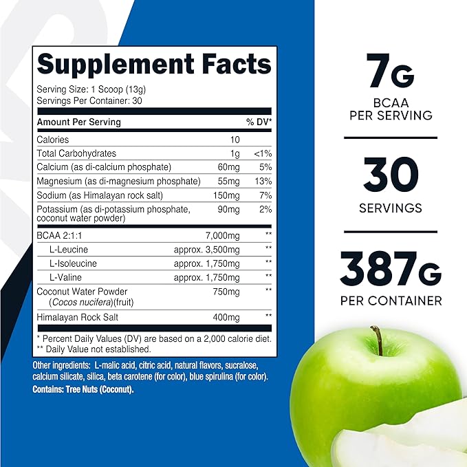 Nutricost BCAA + Hydration Powder (Green Apple) 30 Servings - Branched Chain Amino Acids with Hydration Complex - Gluten-Free, Non-GMO
