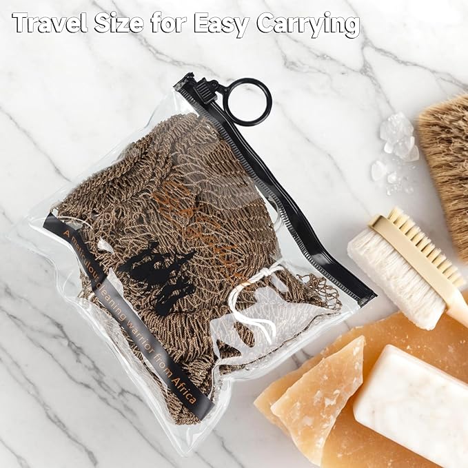 SubSahara Authentic African Net Sponge - 2 Pieces Exfoliating Scrubber for All Skin Types, Bath Sponge for Face & Body, Travel Portable, Durable, Gentle Exfoliation (Linen & Brown)