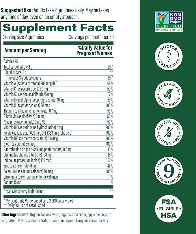 MegaFood Baby & Me 2 Prenatal Vitamins for Women Gummies with Folic Acid and Choline for Baby’s Brain Development; Plus Real Fruit- Red Raspberry Flavor - 60 Gummies (30 Servings)