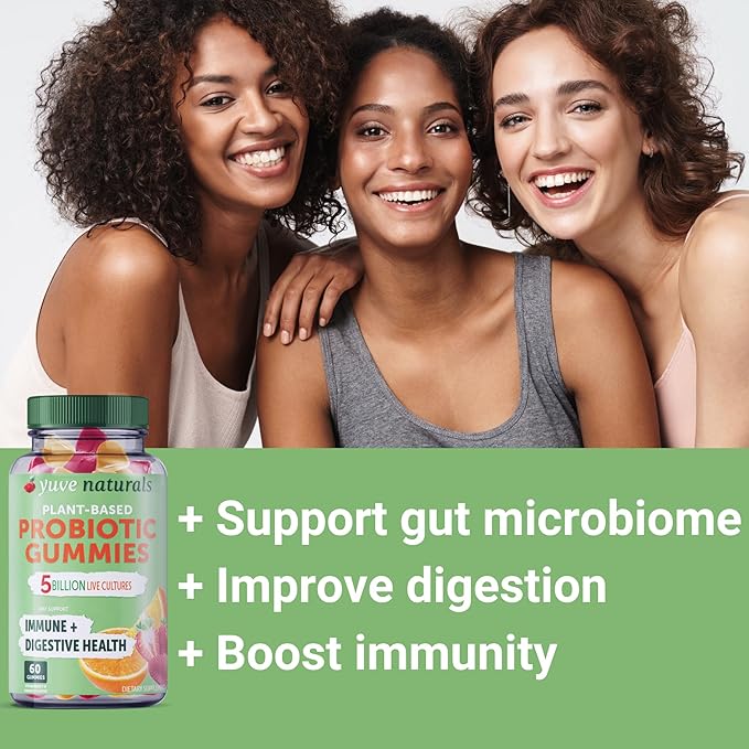 Yuve Vegan Probiotic Gummies, Probiotics for Women & Men, Sugar & Gluten-Free Gummy Probiotics, Digestive & Immune Support, 5 Billion CFU, Helps with Constipation, Bloating & Leaky Gut - 60ct (2 Pack)