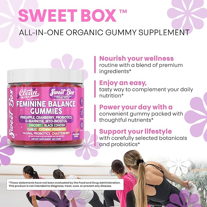 Clean Nutra Feminine Balance Gummies for Women Pineapple VaginalProbiotics pH Balance Cranberry D Mannose Supplement Inositol Black Cohosh Evening Primrose Garlic Vitex GLA Prebiotics Folate 60ct