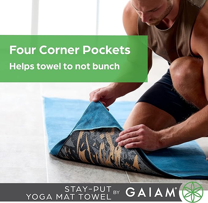 Gaiam Yoga Towel - Mat Sized Active Dry Non Slip Moisture Wicking Sweat Absorbent Microfiber Hot Yoga Towel for Women & Men | Stay-Put Corner Pockets (70" Long x 26" Wide), Grey