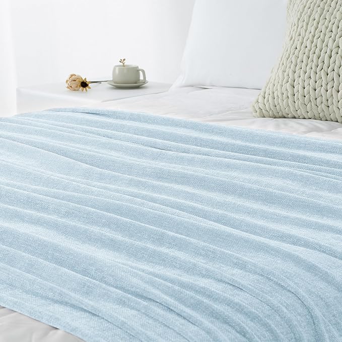 Chenille Throw Blanket for Couch 60"X 80" Twin, Soft Cozy Throws with Fringe Tassel for Bed Sofa Chair Cover, Lightweight Knitted Decorative Boho Blankets for Living Room, Light Blue