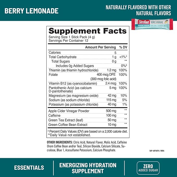 SlimFast High Protein Fruit Powder, Triple Berry Vanilla, Protein Powder Meal Replacement, 21 Servings, + SlimFast Hydration Packets, Electrolytes, Interrmittent Fasting, Apple Cider Vinegar, 12 Count