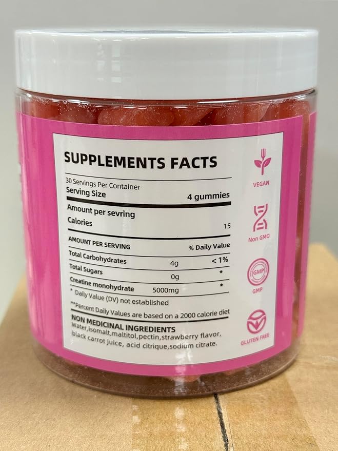 Creatine Monohydrate Gummies 5g for Men Women,Sugar Free Chewables Creatine Pre-Workout for Muscle Strength, Strawberry and Green Flavor, 120 Count