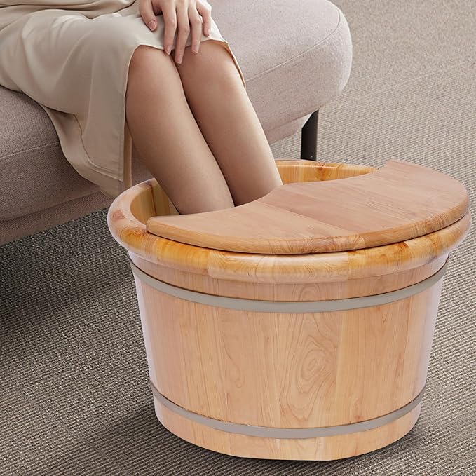 Eapmic Wooden Foot Bath Bucket with Massage Rollers and Lid, Feet Massage Barrel, Solid Wood Round Foot Soak Tub, Home Sauna Feet Basin, Pedicure Barrel for Spa, Massage, Sauna (E)