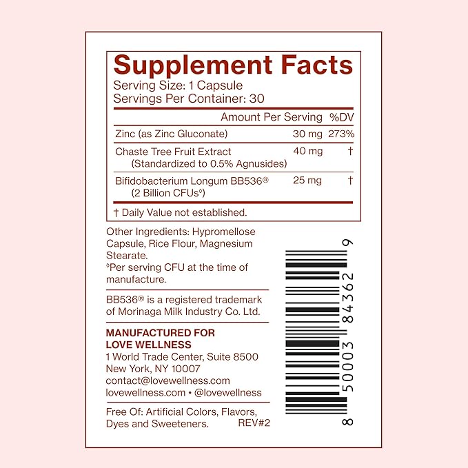Love Wellness Clear Skin Probiotic | Clear Up Hormonal Acne Pimples, Redness & Pore Minimizer | Skin Care with Zinc, Bifidobacterium Longum & Chaste Tree Fruit Extract | Acne Treatment | 30 Count