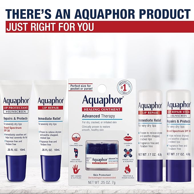 Aquaphor Lip Balm Set with Jojoba Oil and Shea Butter, Lip Repair Stick (2 x 0.17 Oz) + Repair Stick with Sunscreen SPF 30 (2 x 0.17 Oz), Fragrance Free, Paraben Free, Immediately Relieves Dryness