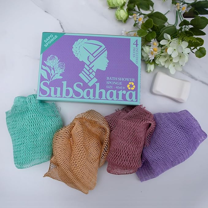 SubSahara African Net Sponge Authentic - 4 Pieces Gentle Exfoliating Scrubber for All Skin Types, Bath Sponge for Face & Body, Travel Portable (Golden, Blush Powder, Mint Green, Lavender Purple)
