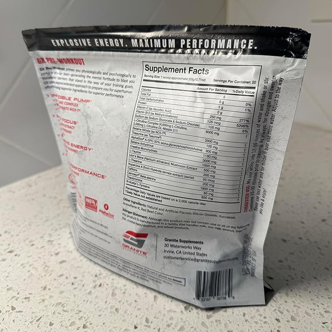Granite GX Pre Workout Supplement, Sour Power Flavor, Supports Focus, Energy, & Performance with Teacrine, L-Citrulline, Betaine, & A-GPC (20 Servings)