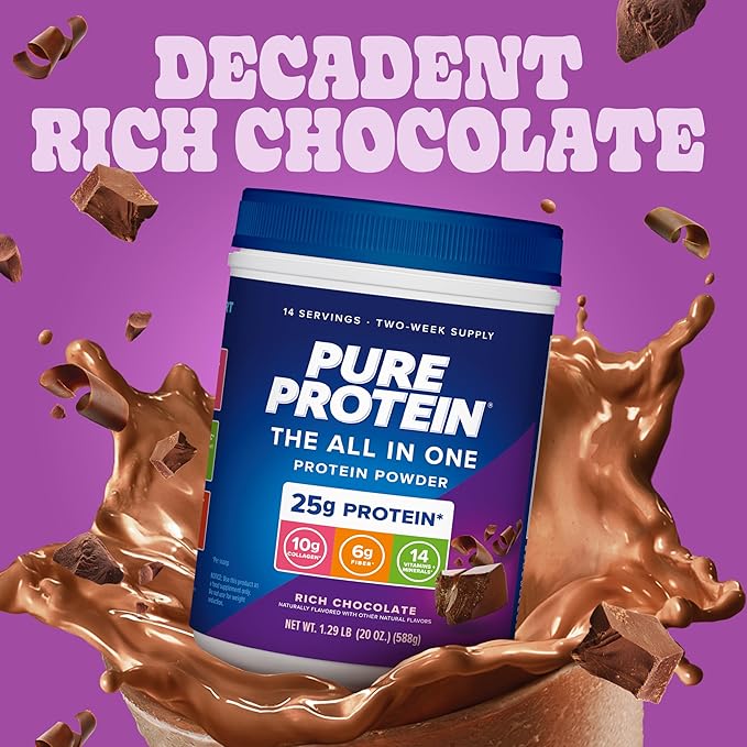 Pure Protein All-In-One Powder, Rich Chocolate - Whey & Collagen, High Fiber, Vitamins, No Added Sugar, Non-GMO, Gluten-Free, 1.25lb