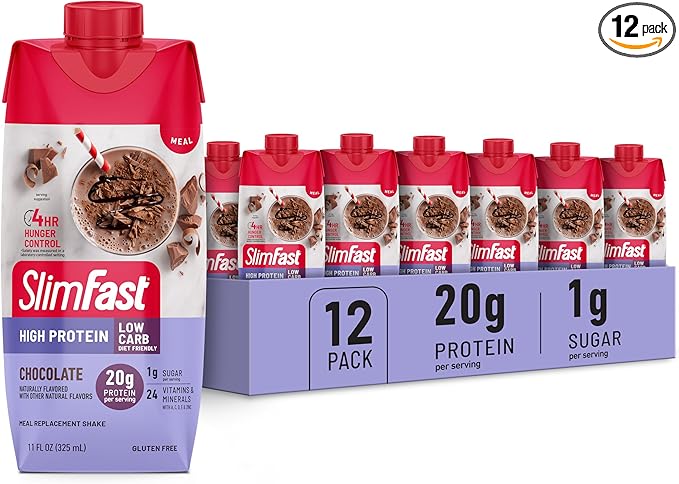 SlimFast Protein Shake, Chocolate- 20g Protein, Meal Replacement Shake Ready to Drink, High Protein with Low Carb and Low Sugar, 24 Vitamins and Minerals, 12 Count (Pack of 1) (Packaging May Vary)