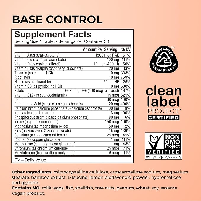 HUM Base Control Multivitamin for Women with Vitamin C, Iron, Biotin, Zinc, B Complex, Daily Women's Multivitamin, 22 Essential Vitamins & Minerals, Support for Pre-Menopause, Gluten Free, 30 Capsules