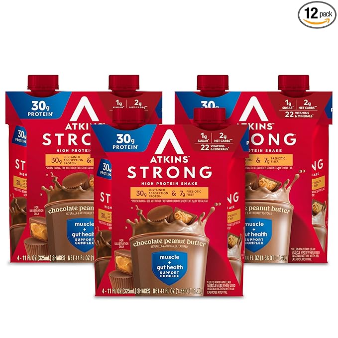 Atkins Strong High Protein Shake, Chocolate Peanut Butter Flavor, 30g Protein, Low Carb and Low Sugar Shake, Keto Friendly, Gluten Free, Muscle and Gut Health Support Complex, 12 Count