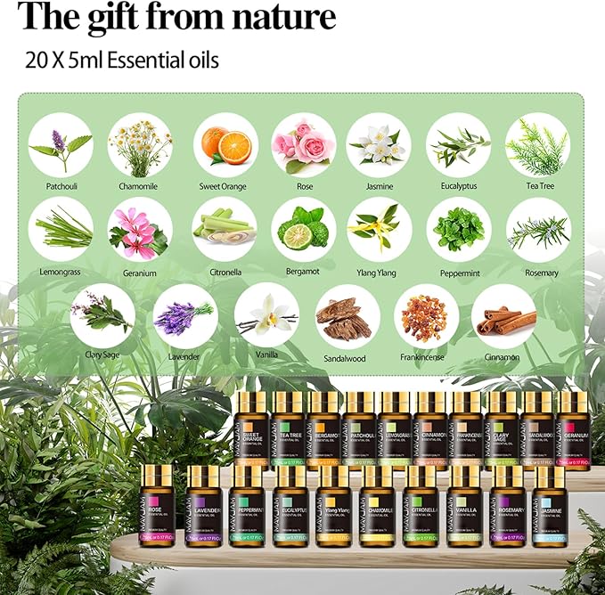 Tea Tree 20 Pcs Pure Essential Oil Gift Set, for Diffuser, Humidifiers, Skin Care, Massage, Fragrance Oil Scent for DIY Candle and Soap Making, Gift for Friend (5ML)