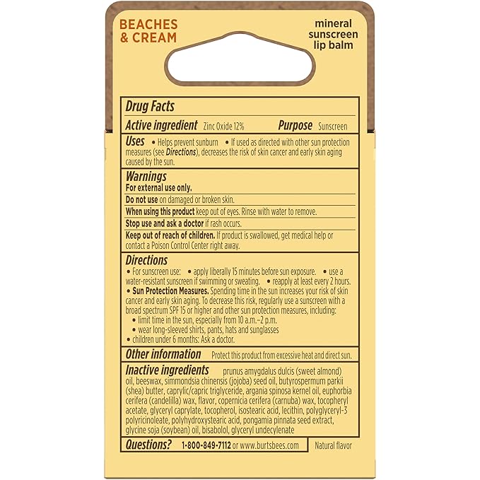 Burt’s Bees SPF 30 Lip Balm, Beaches and Cream, Water-Resistant Sun Care, Nano-Free Zinc Oxide Formula, Natural Origin Conditioning Lip Treatment, 3 Tubes, 0.15 oz.