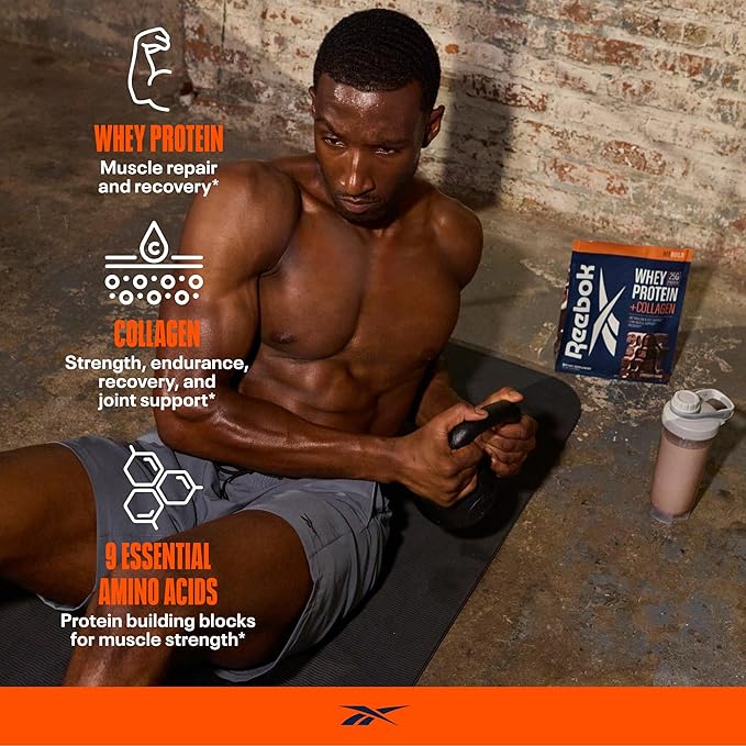 Reebok Whey Protein Powder + Collagen Peptides | 25g Protein with 9 Essential Amino Acids | Muscle Recovery, Joint & Gut Support | Informed-Sport Certified | ReeBuild Chocolate Fudge Flavor, 1.3 lb