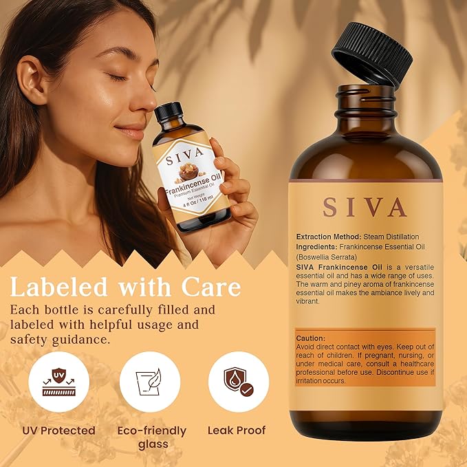 Siva Frankincense Essential Oil - 4 Fl Oz – Natural Boswellia Serrata Oil - for Diffuser, Face, Skin Care, Aromatherapy, Hair Care, Scalp and Body Massage - with Dropper