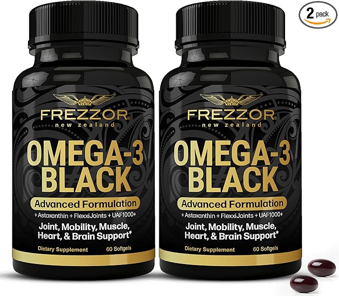 FREZZOR Omega 3 Black for Joint Care & Comfort - New Zealand Green Lipped Mussel Oil Capsules; 53x Higher Potency with UAF1000+ Super Antioxidant, No Fishy Aftertaste, 60 Count (Pack of 2)