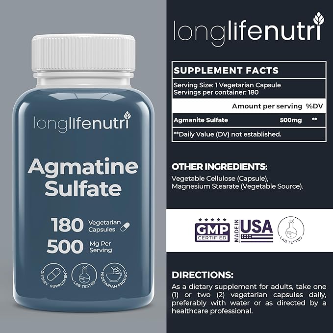 Agmatine Sulfate 500 mg, 180 Vegetarian Capsules (6-Month Supply), Dietary Supplement, Made in USA