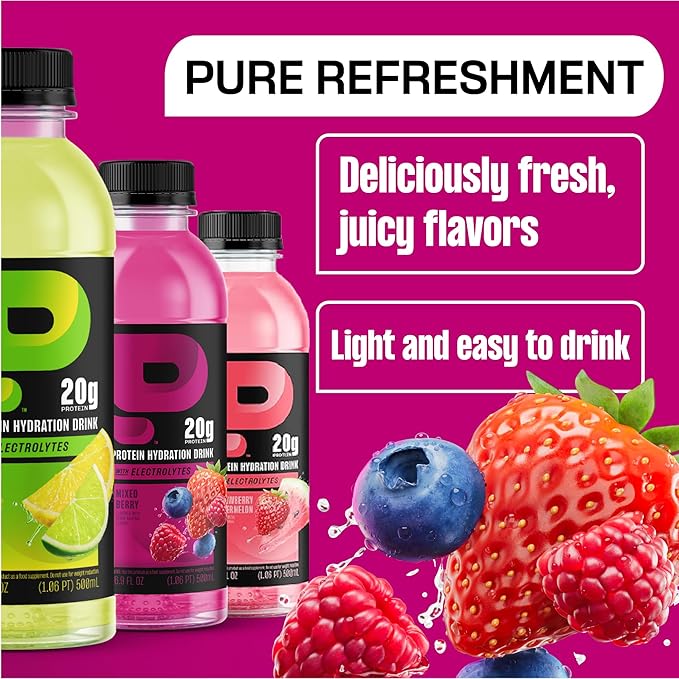Protein2o Hydration Drink - 2-in-1 Liquid Clear Whey Protein Isolate and Electrolyte Drink - 20g Protein, Vitamins B5, B6 - Post-Workout Recovery - 16.9 Fl Oz - 12 Count Mixed Berry