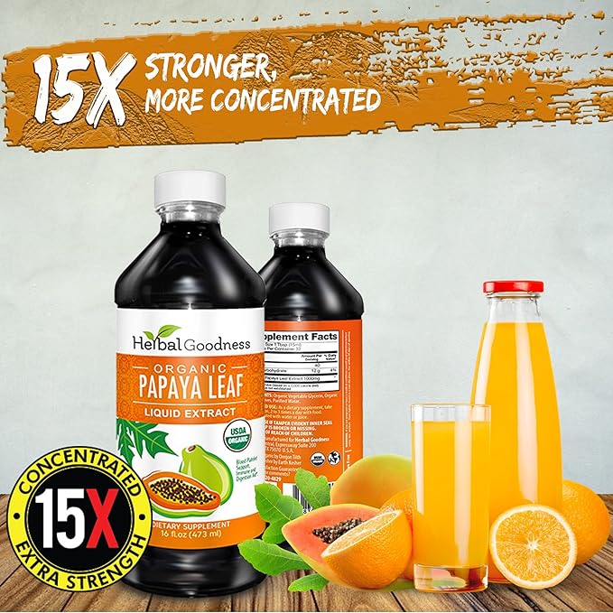 Herbal Goodness Papaya Leaf Extract Platelet Support - 15X Blood Platelet Boost, Bone Marrow & Spleen Support, Immune & Gut Health, Digestive Enzyme - Organic Kosher 16 oz Liquid Extract