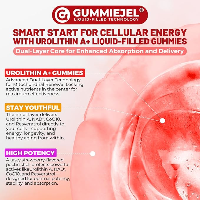 Urolithin A 1000mg Gummies with NAD+, CoQ10, Resveratrol & L-Carnitine – Liposomal Urolithin A+ Supplement for Mitochondrial & Cellular Energy, Muscle & Healthy Aging – High Absorption – Vegan, 60ct