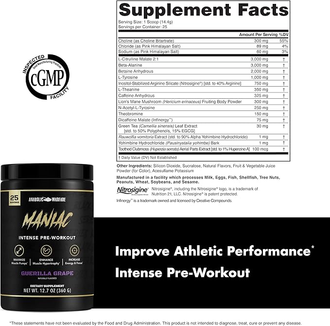 Anabolic Warfare Black Series Maniac, Pre-Workout Powder, Supports Nitric Oxide, Muscle Pumps, and Protein Synthesis* Apple Ambush