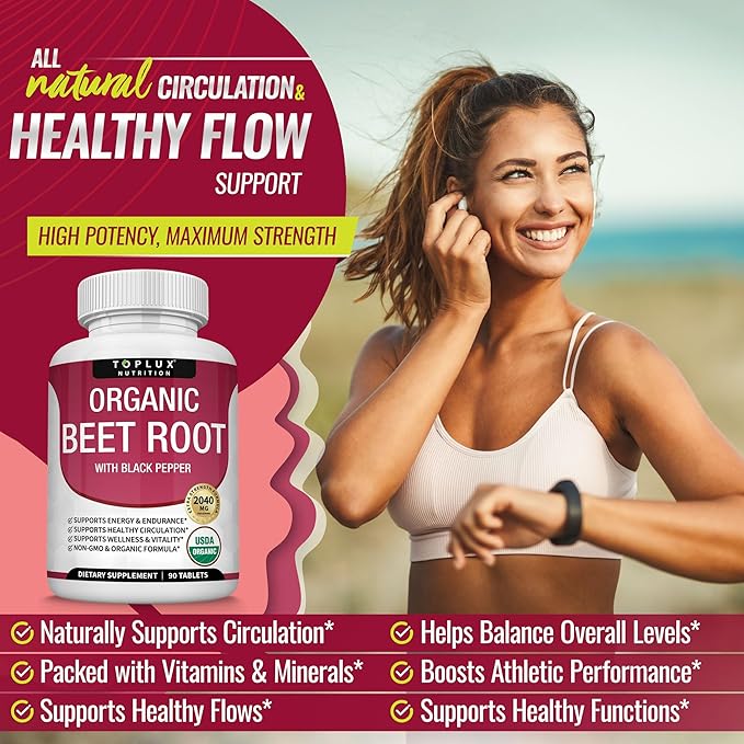 Organic Beet Root Powder Tablets - 2040mg Natural Nitric Oxide Beets to Support, Energy, Black Pepper Better Absorption, Non-GMO, for Men Women, 90 Tablets