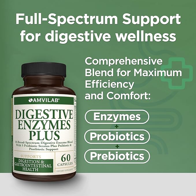 Digestive Enzymes Plus Probiotics.18 Broad Spectrum Digestive enyzme Blend with 5 probiotic strains Plus prebiotic and postbiot Support. - 60 Vegetarian Capsules