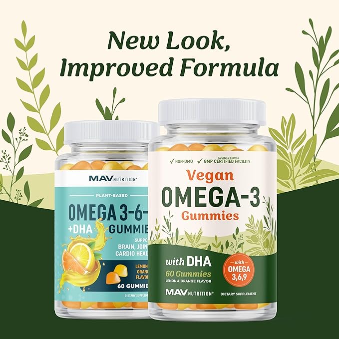 Omega 3 6 9 + DHA Gummies | Plant-Based Triple Omegas from Algae & Chia Seed Oil | with 50mg of DHA | Vegetarian, Non-GMO, Gluten-Free, Essential Fatty Acid Supplements for Adults | 60 Gummies