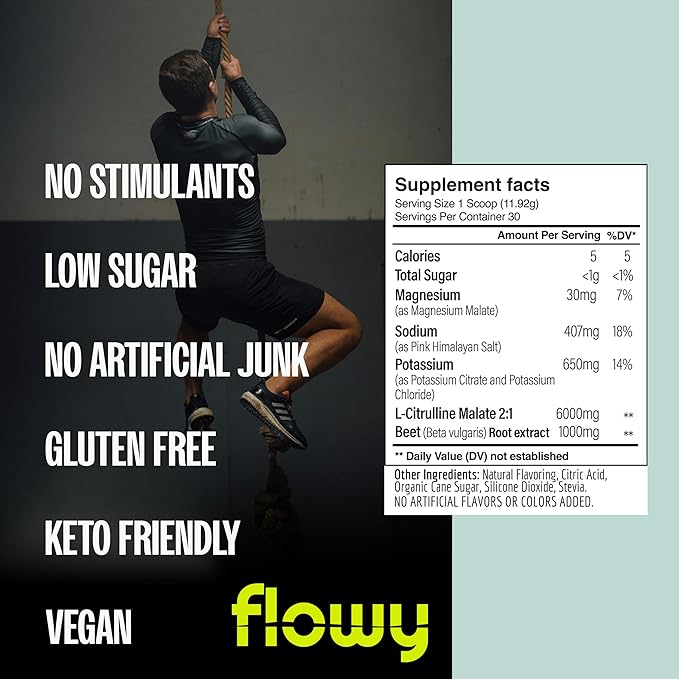 flowy Stim Free Pre Workout – Nitric Oxide Booster for Men & Women | All Natural, Hydration, Non Stimulant Pump, Caffeine-Free, Electrolytes, L-Citrulline, Lemon Lime, 30 Servings