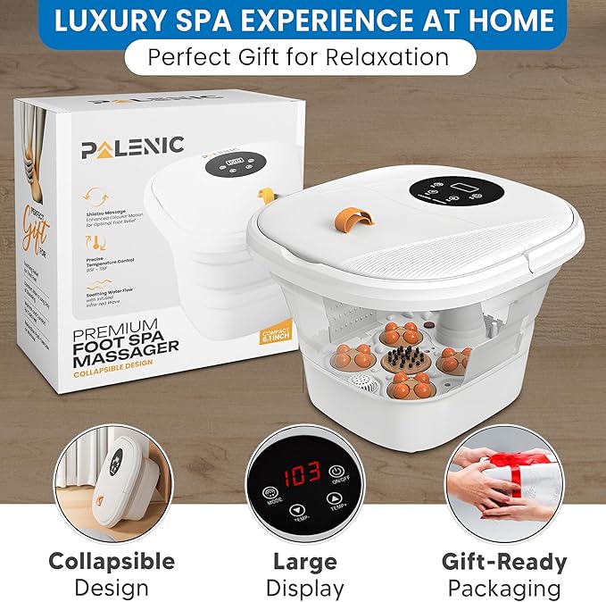 Collapsible Foot Spa Bath Massager with 2025 Upgraded Rotary Shiatsu Taiji Pad for Comfort, Heat, Remote Control, Water Jet, Infrared, and Pedicure for Stress Relief - White