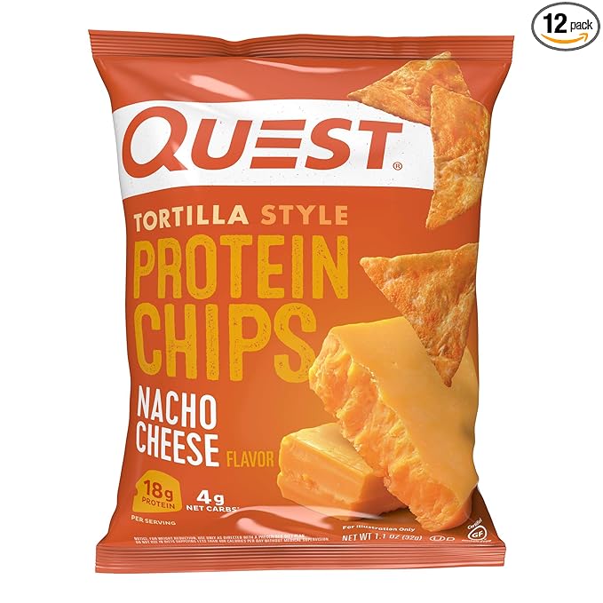 Quest Nutrition Nacho Cheese Tortilla Style Protein Chips, 18g Protein, 4g Net Carb, Low Carb, Gluten Free, 1.1 oz (Pack of 12)