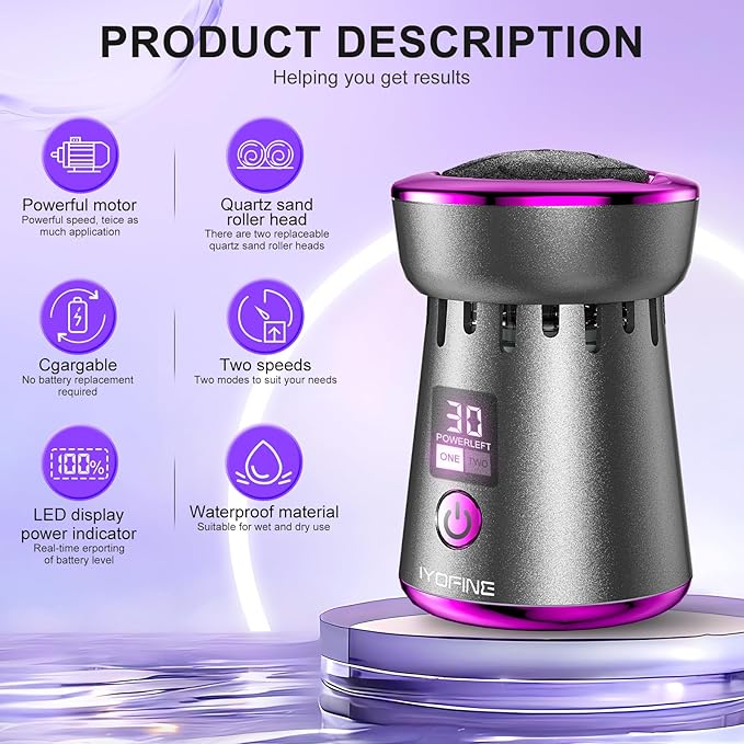 2025 Electric Foot Callus Remover, Rechargeable Pedicure Tool, Stainless Steel Heads for Dry Heels (Gray Purple)