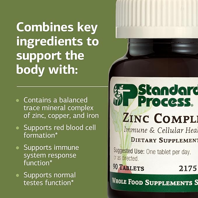 Standard Process Zinc Complex - Enzyme Function Support to Aid Normal Testes Function - Supports Immune Health & Cellular Energy - Gluten-Free, Non-Dairy & Non-Soy - 90 Tablets (90 Servings)