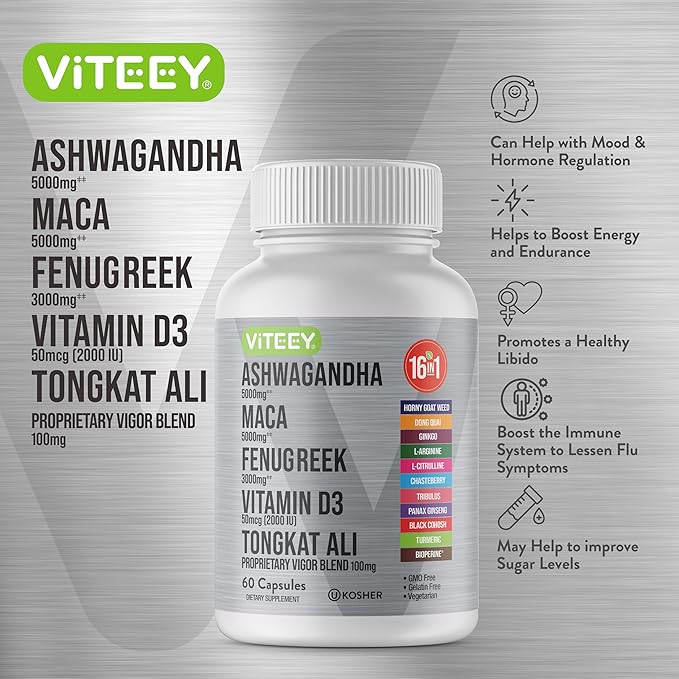Viteey Ashwagandha Maca Fenugreek Supplement with Tongkat Ali – Drive, Passion & Energy Support for Men & Women – Mood, Calm & Stress Support - 60 Capsules