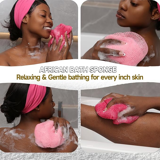 SubSahara Authentic African Net Sponge - 2 Pieces Exfoliating Scrubber for All Skin Types, Bath Sponge for Face & Body, Travel Portable, Durable, Gentle Exfoliation (Dark Pink & Light Pink)