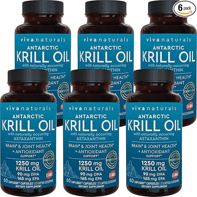 Viva Naturals Antarctic Krill Oil 1250 mg, Omega 3 EPA DHA and Astaxanthin, Joint Support and Brain Supplement with Antioxidant Properties, No Fishy Aftertaste (Pack of 6)