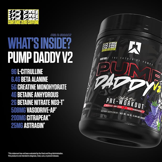 RYSE Pump Daddy V2 Pre Workout Powder - Noel Deyzel Signature - Blue Raspberry - Non-Stim Supplement with Citrulline, Creatine and Beta Alanine for Pumps, Endurance and Strength - 40 Servings