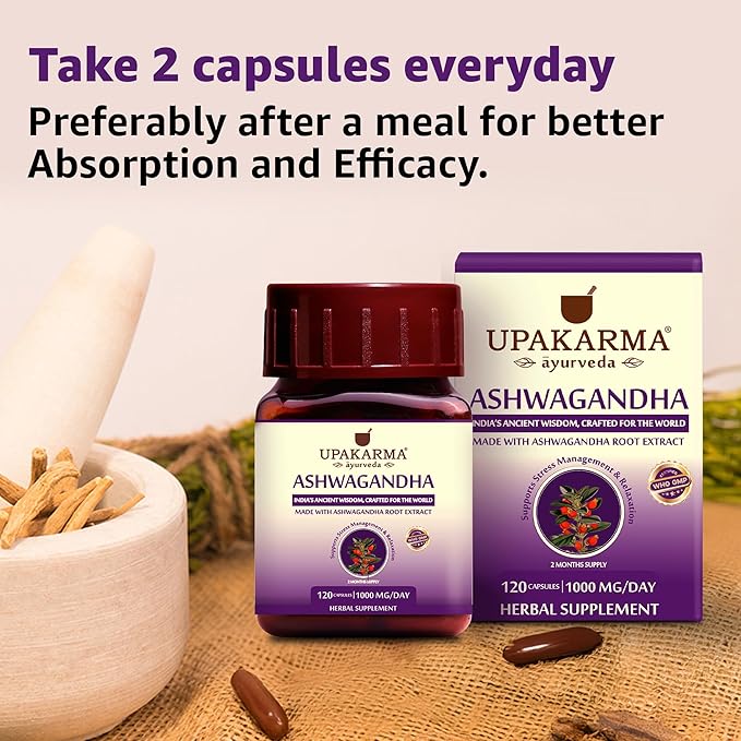 UPAKARMA Ashwagandha | 60 Day Supply | Pure Extract Based 1000 mg per Serving | Lab Tested, R&D Backed, 120 Vegan Capsules, Supplements for Stress Relief and Energy Support