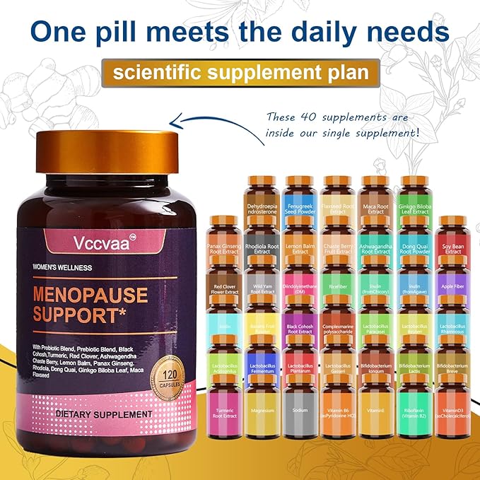 40-in-1 Menopause Support for Women – Hormonal Balance, Hot Flash & Mood Relief – Black Cohosh, DIM, Maca, Red Clover, Probiotics, B6, D3 & More – Vegan, 120 Capsules