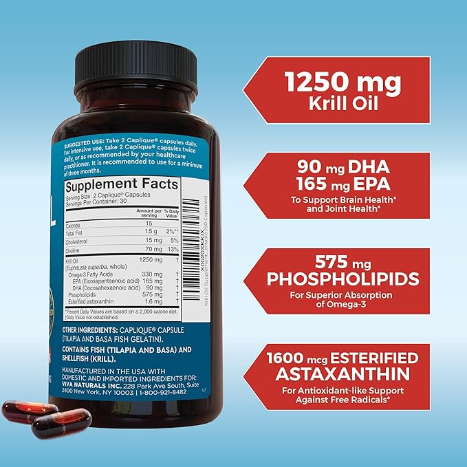 Viva Naturals Antarctic Krill Oil 1250 mg, Omega 3 EPA DHA and Astaxanthin, Joint Support and Brain Supplement with Antioxidant Properties, No Fishy Aftertaste (Pack of 6)