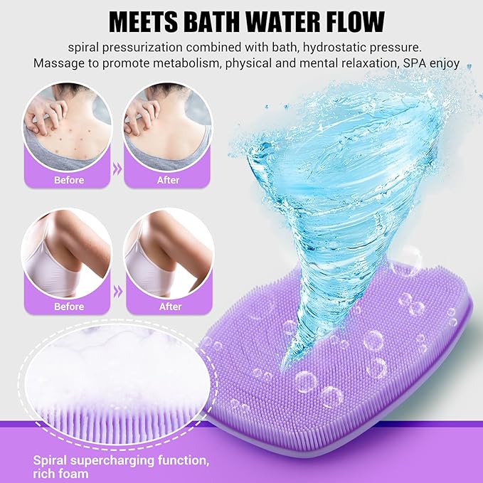 Silicone Body Scrubber Anti Slip for Shower,Zinc Infused Soft Bristles Shower Scrubber for Body Exfoliator,Hygienic,Blood Circulation - Purple