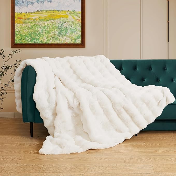 Light Beige Faux Fuzzy Fur Blanket Queen Size 90x90 Ultra Soft Thick Fluffy Blanket Queen for Bed Couch Cozy Furry Home Decor 1000 GSM