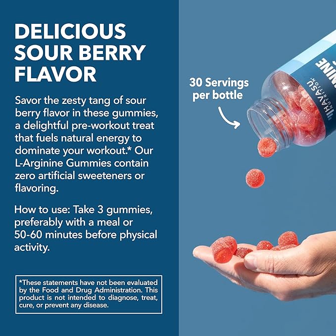 L-Arginine Gummies with L-Citrulline and Beet Root - Nitric Oxide Supplement - 90 Count - Energy, Endurance, and Recovery Support - Vegan, Non-GMO - Energizing Sour Berry Flavor, 30-Day Serving