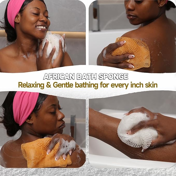 SubSahara Authentic African Net Sponge - 2 Pieces Exfoliating Scrubber for All Skin Types, Bath Sponge for Face & Body, Travel Portable, Durable, Gentle Exfoliation (Golden & Milky White)